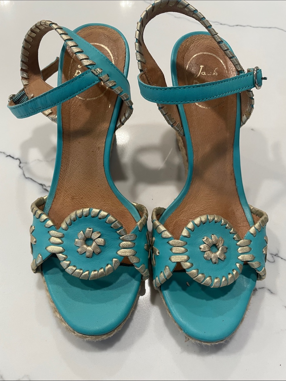 Jack Rogers, gorgeous women’s aqua blue leather heels with gold embellishment